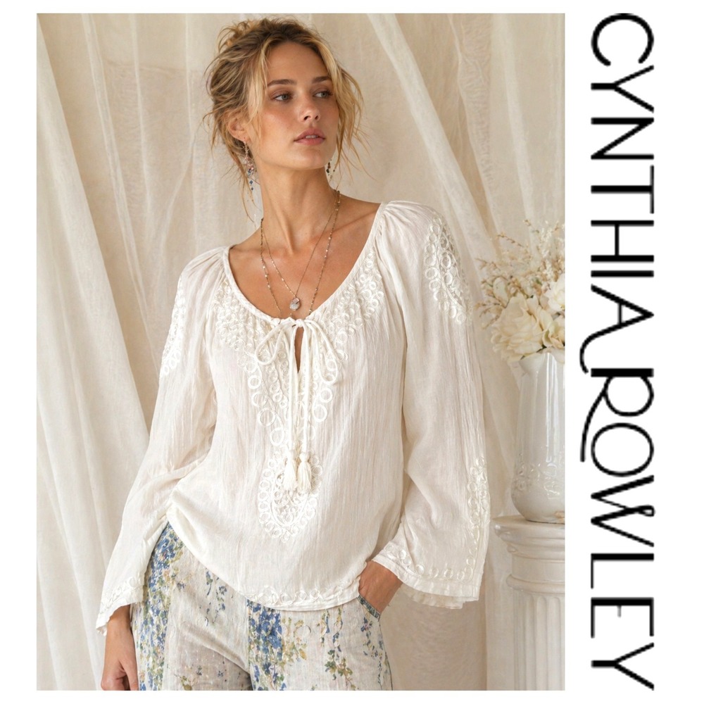 Cynthia Rowley White Gauzy Cotton Embroidered Long Sleeve Boho Blouse Top Size M